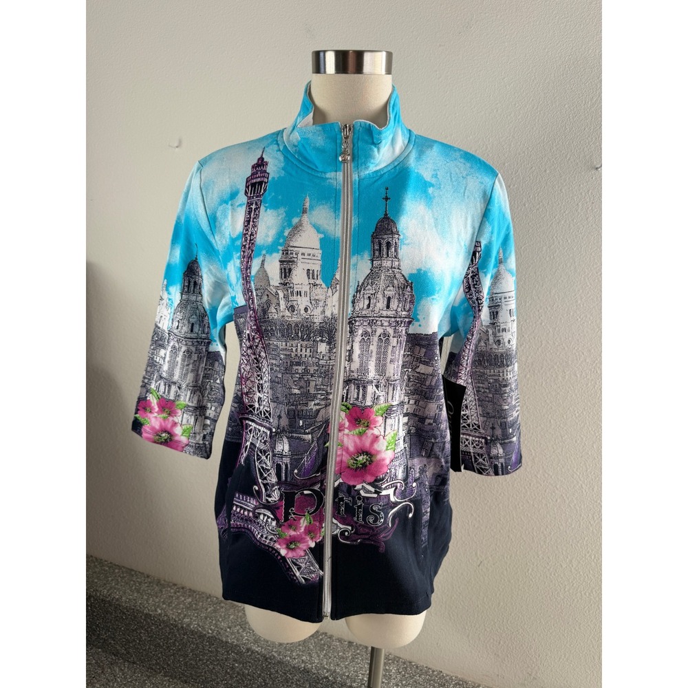 NEW Onque Casual Womens Large Paris Eiffel Tower Zip Up Jacket 3/4 Sleeve